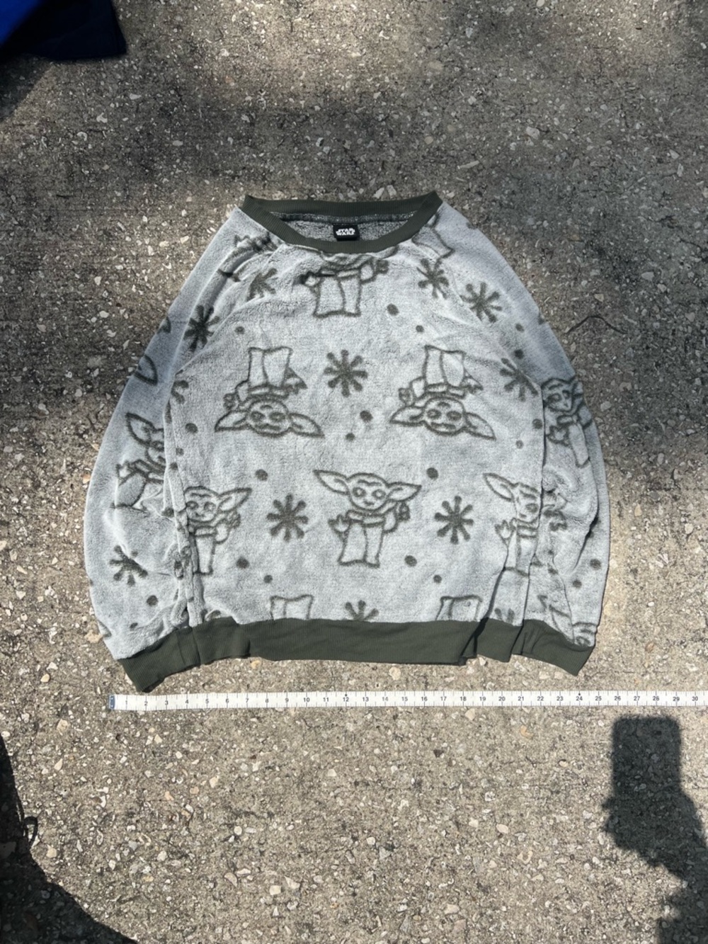 Star Wars Grogu Fleece Crewneck Sweater - Gray with Olive Trim